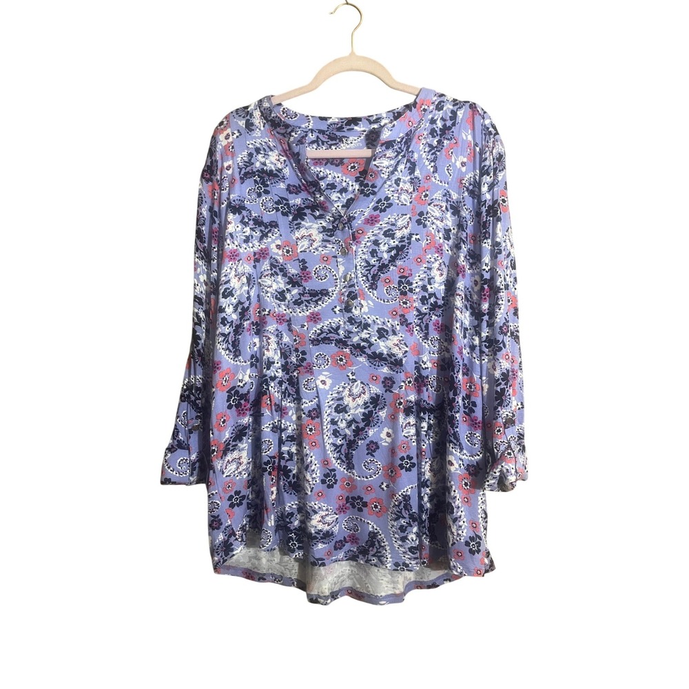 Kim Rogers Purple Paisley Floral Tunic Top Womens 1X Long Sleeve V-Neck Blouse